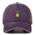 Detail of yellow pineapple embroidery on purple washed cotton baseball cap - Purple