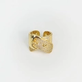 Macro shot of gold belt buckle ring with crystal pavé setting on white background - Adjustable Open / Gold