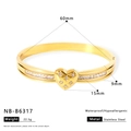 Detailed view of gold heart bangle with measurements and stainless steel material specs - Gold Glossy Heart Open Style (NB-B6317)