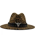 Leopard print wide brim cowboy hat with woven ethnic band and silver bull skull detail - M (56-58cm) / Metal Bull Skull Ethnic Woven Band Style / Dark Khaki