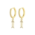 Golden fishbone huggie hoop earrings with sparkling white cubic zirconia stones - Gold Fishbone