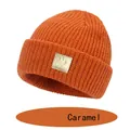 Cozy caramel ribbed knit beanie for babies featuring a golden smiley face patch - S (6-36 Months) / Caramel color