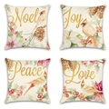 Set of 4 Christmas pillow covers with Noel, Joy, Peace, Love watercolor floral designs - Gold Xmas Words