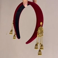 Serre-tête ethnique en velours rouge avec glands dorés et cloches Jhumka vintage - 14. Bandeau - Noir À Double Pompon Doré