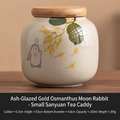 Mini ceramic tea canister with rabbit and osmanthus pattern and wooden lid - Hand Painted Straw Ash - Moon Rabbit