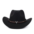 Classic black wool felt cowboy hat with leather band and silver ox head accessory - M (56-59cm) / Black With Bull Skull