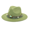 Detail of sage green straw hat with bohemian beaded band and turquoise stone accent - Army Green