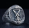 Anello punk gotico a pentagramma in argento antico con rilievo Sigil di Lucifer - US 7 / Stile Sigillo di Lucifero (16101)