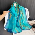 Artistic turquoise floral chiffon scarf featuring Almond Blossom print for women - Van Gogh Almond Blossom