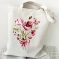Canvas tote bag with pink flower watercolor print and matching ribbon handles - Pink Bouquet with Bow (Off-white)