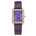 Elegant ladies square quartz watch with purple leather strap and rose gold rhinestone bezel - Purple
