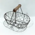 Oval grey wire storage basket with rustic wooden handle for kitchen organization - Type A Hex Mesh Coffee Rust + Coffee Wood Handle
