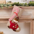 Beige knitted Christmas stocking with 3D snowman and candy cane hanging on fireplace - Knit Snowman Carrying Gift Stocking