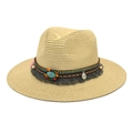 Bohemian Fedora straw hat with turquoise beads and tassel trim on white background - Beige