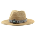 Cappello da cowboy in paglia marrone con fascia bohémien e gemma turchese centrale - M (56-58cm) / Cachi