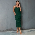 Elegant dark green tiered ruffle midi dress with spaghetti straps and slim fit silhouette - XS / Dark Green