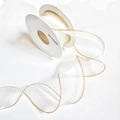 Translucent creamy white chiffon ribbon with elegant gold metallic woven edge detail - Beige with Gold Rim