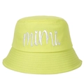 Close-up of silver mimi embroidery with heart detail on neon green canvas bucket hat - Adjustable / Neon Yellow