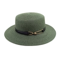 Detail of dark green straw hat featuring black leather band and gold horseshoe buckle - M (56-58cm) / Dark Green
