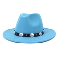 Sky blue wool felt fedora hat with black leather belt and silver metallic sunburst buckle - Lake Blue