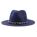 Handmade navy blue woven straw cowboy hat with white seashell band for summer beach sun protection - Navy Blue