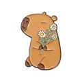 Cute brown capybara enamel pin badge holding small white daisies on white background - Capybara With Daisy Style (QHXZ2355)