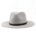 Grey straw panama hat for men and women with studded black leather band and gold buckle - Gray