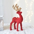 Red flocked Christmas deer ornament with golden glitter antlers and hanging gold string - Red Flocked Cute Reindeer