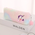 Rainbow plush unicorn pencil case with fluffy pompom zipper and soft faux fur finish - Purple Gradient