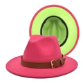 Detail of wide brim fedora hat in rose red and neon green with brown leather belt buckle - M(56-58cm) / Rose Red + Fruit Green