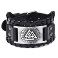 Close-up of black braided leather bracelet featuring a metal Valknut symbol and runic engraving - Cowhide Antique Silver-Valknut