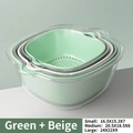 6-piece double-layer drain basket set with green and beige colanders in transparent bowls - Matcha Green + Off-White Mix - 6-Piece Set