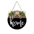 Rustic round wooden home sign with artificial greenery and burlap bow for wall decor - 28x28x0.5cm / Black Home Style (M80563Q)