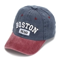 Detailed view of white Boston 1630 3D embroidery on washed denim baseball cap - 52-56CM (2-6 Years) / Dark Blue & Red (B)
