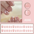 Elegant French press-on nails with white flower patterns and nude pink base, set of 24 pieces - French Flower Style (A846) / Glue Type