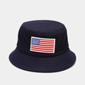 Close-up detail of American flag embroidery on dark blue cotton sun bucket hat - M (56-58cm) / Navy Blue