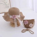 Set cappello di paglia per bambina con borsa coordinata e fiori rosa decorativi - Cappello + Borsa (Set da 2 Pezzi) / Cachi