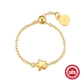 Adjustable S925 sterling silver chain ring with a gold star charm and engraved tag - Pentagram
