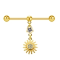 Golden industrial barbell with sun and star zirconia charms for ear piercing - Gold/Star/Sun Flower/White Zircon