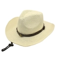Detail of straw cowboy hat with brown leather band, metal studs and adjustable wind cord - M (56-58cm) / Cream
