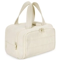 Puffy quilted beige travel makeup bag with large opening and secure zipper handles - Off White