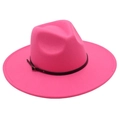 Detail of rose pink fedora hat featuring a wide brim and black belt with gold buckle - Rose Red (Belt Style)