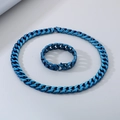 Blue stainless steel 15mm Cuban link chain necklace and bracelet jewelry set for men - Blue Set