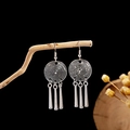 Silver bohemian dangle earrings with textured discs and tassels on a wooden branch - E2874-29/Threaded Disc Cone