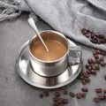 Minimalistische dubbelwandige roestvrijstalen koffiekopset met schotel en roerlepel - 200ml Europese Stijl Dubbelwandige Set (Met Lepel/Schotel)