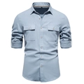 Macro detail of cotton shirt collar with size M label and buttoned chest pockets - S / Gray Blue