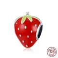 Realistic 925 sterling silver strawberry charm with red enamel and green leaves - Strawberry (SCC1839)
