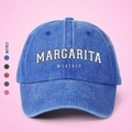 Casquette de baseball en jean délavé avec broderie MARGARITA WEATHER et visière solaire - Taille unique / Bleu Royal