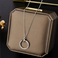 Elegant silver titanium steel necklace with a circular faux diamond pendant in a box - Rhinestone Nail Style (887) / Silver