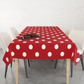 Christmas red tablecloth with white polka dots pattern on a modern dining table setup - 140x200cm / Red Background with White Polka Dots